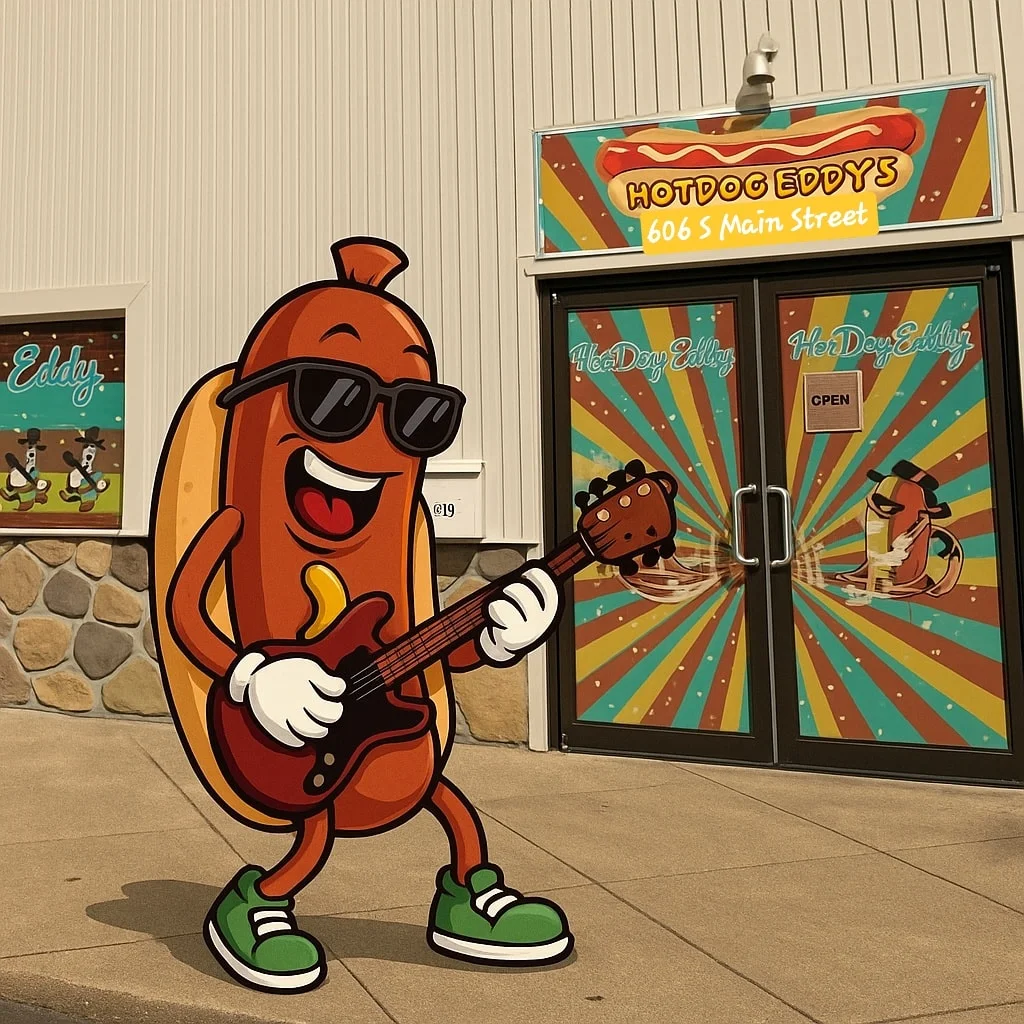 Cartoon hot dog character playing guitar outside Hotdog Eddy's restaurant