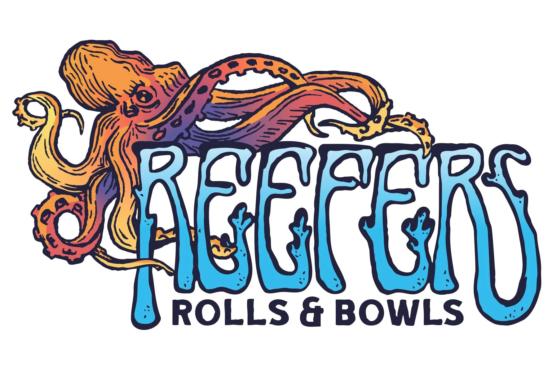 A logo featuring a stylized octopus entwined with the words 'REEFERS ROLLS & BOWLS'. The design is outlined with a light color on a pale background.