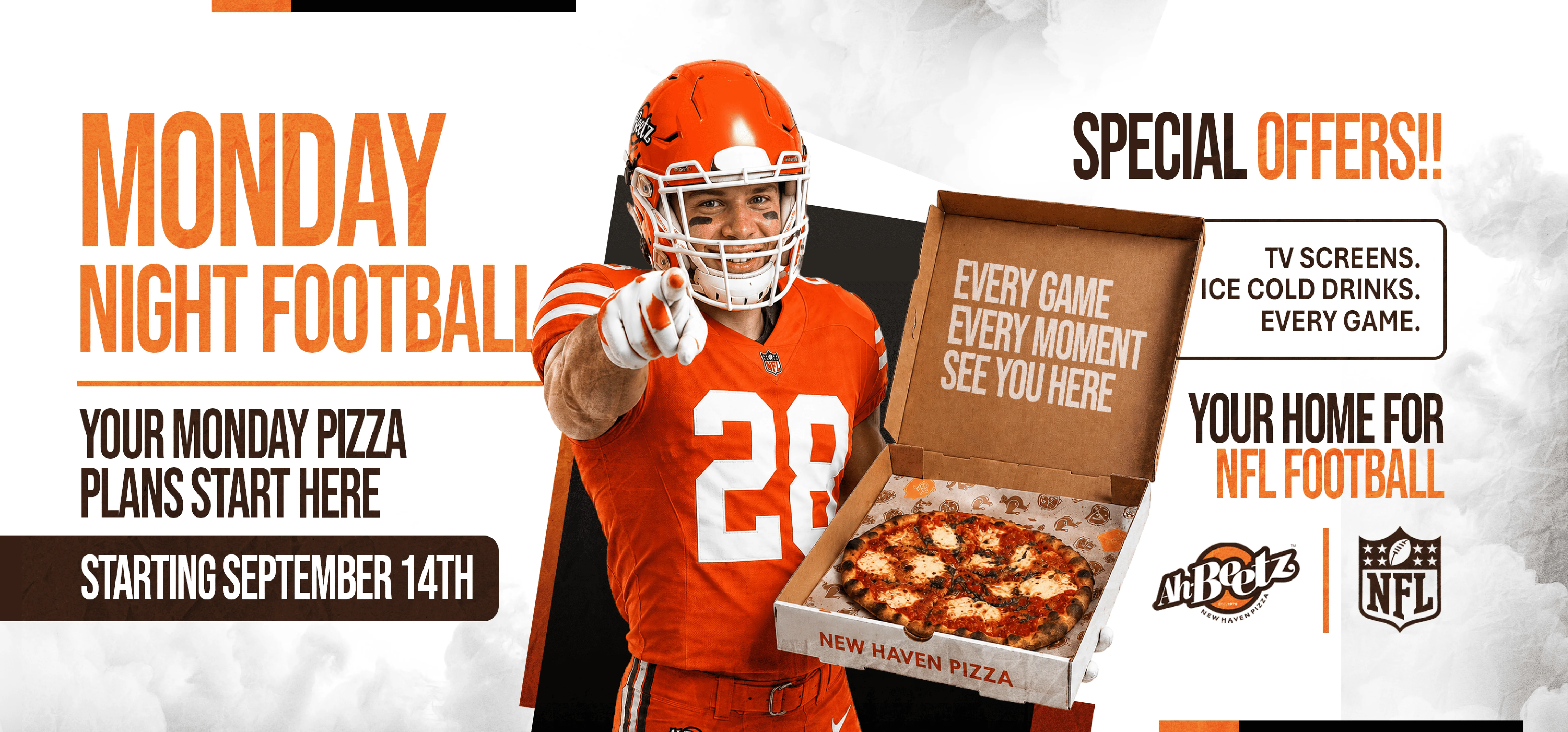 Exciting Monday Night Football pizza promotion with a player and pizza box