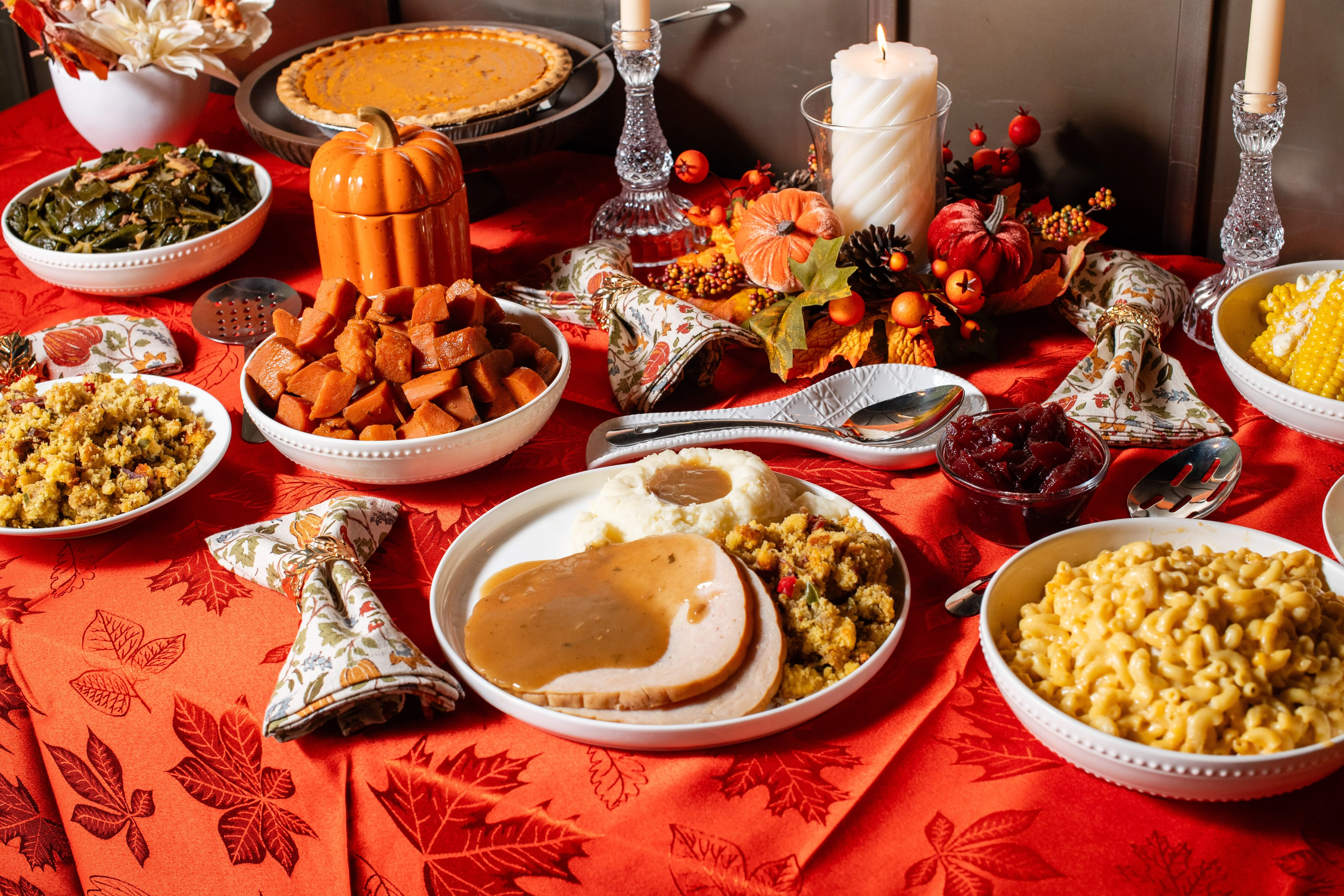 Traditional American Thanksgiving feast on a festive restaurant table