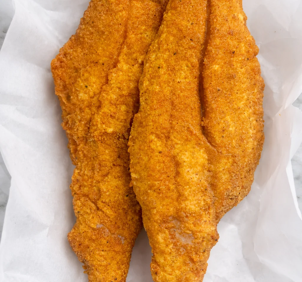 Crispy fried catfish fillets served on parchment paper.