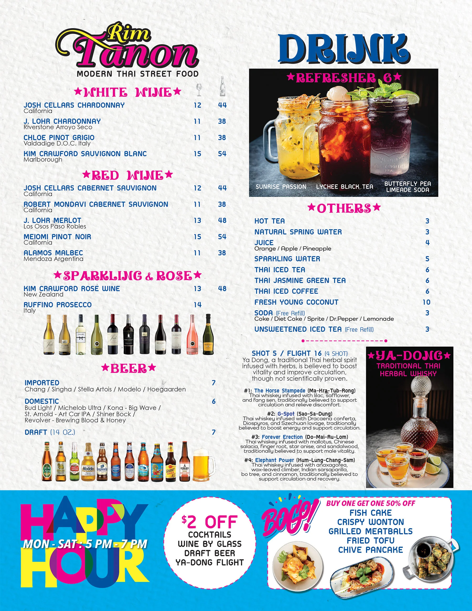 Menu featuring drinks, wines, and happy hour specials at Rim Tanon restaurant.