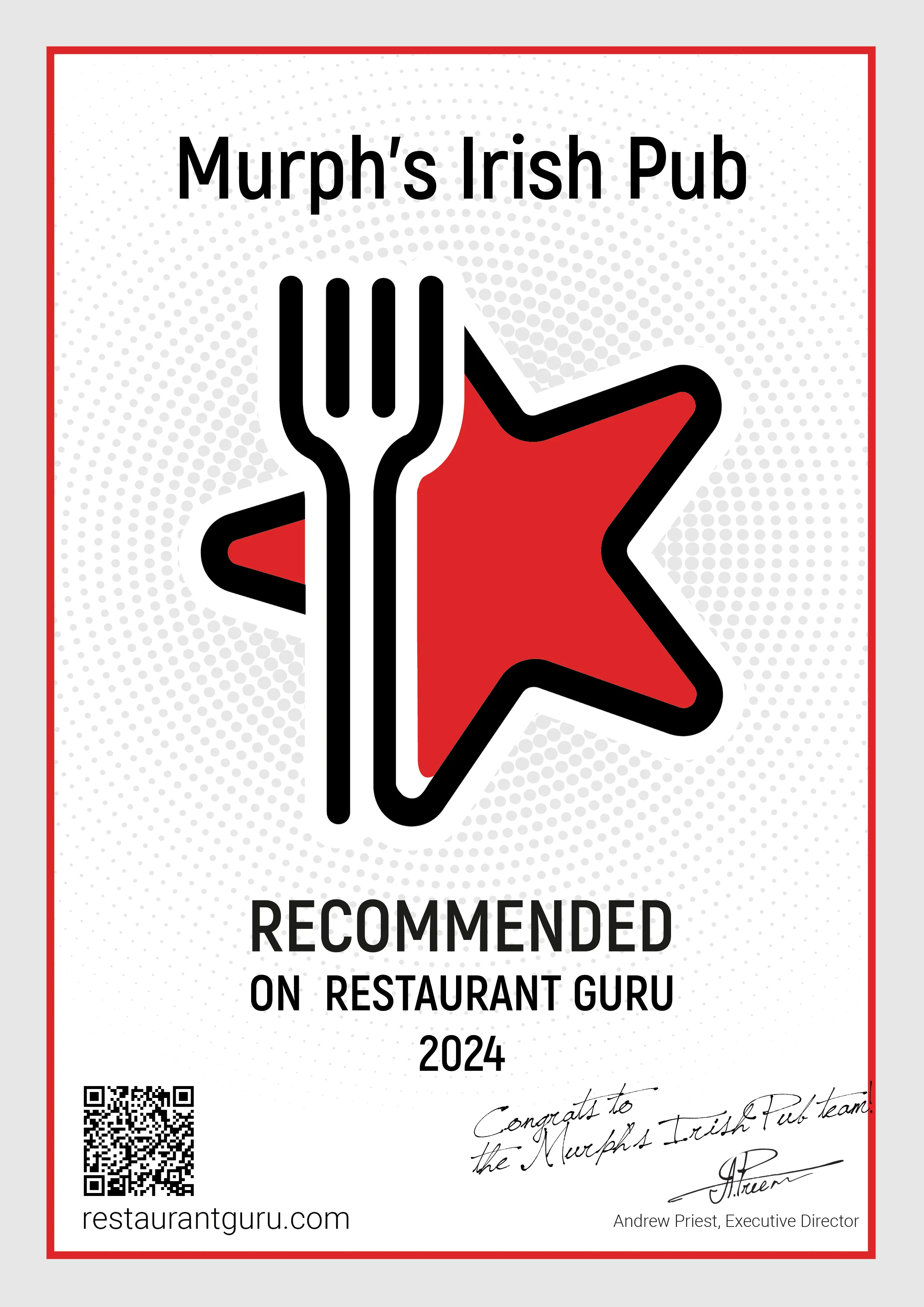 Award certificate for Murph's Irish Pub, recommended by Restaurant Guru 2024