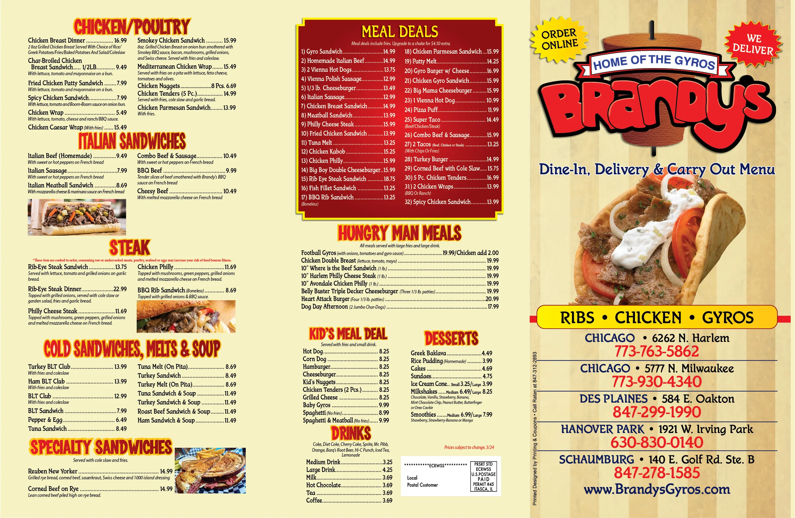 Brandy's restaurant menu featuring a variety of sandwiches and meal deals