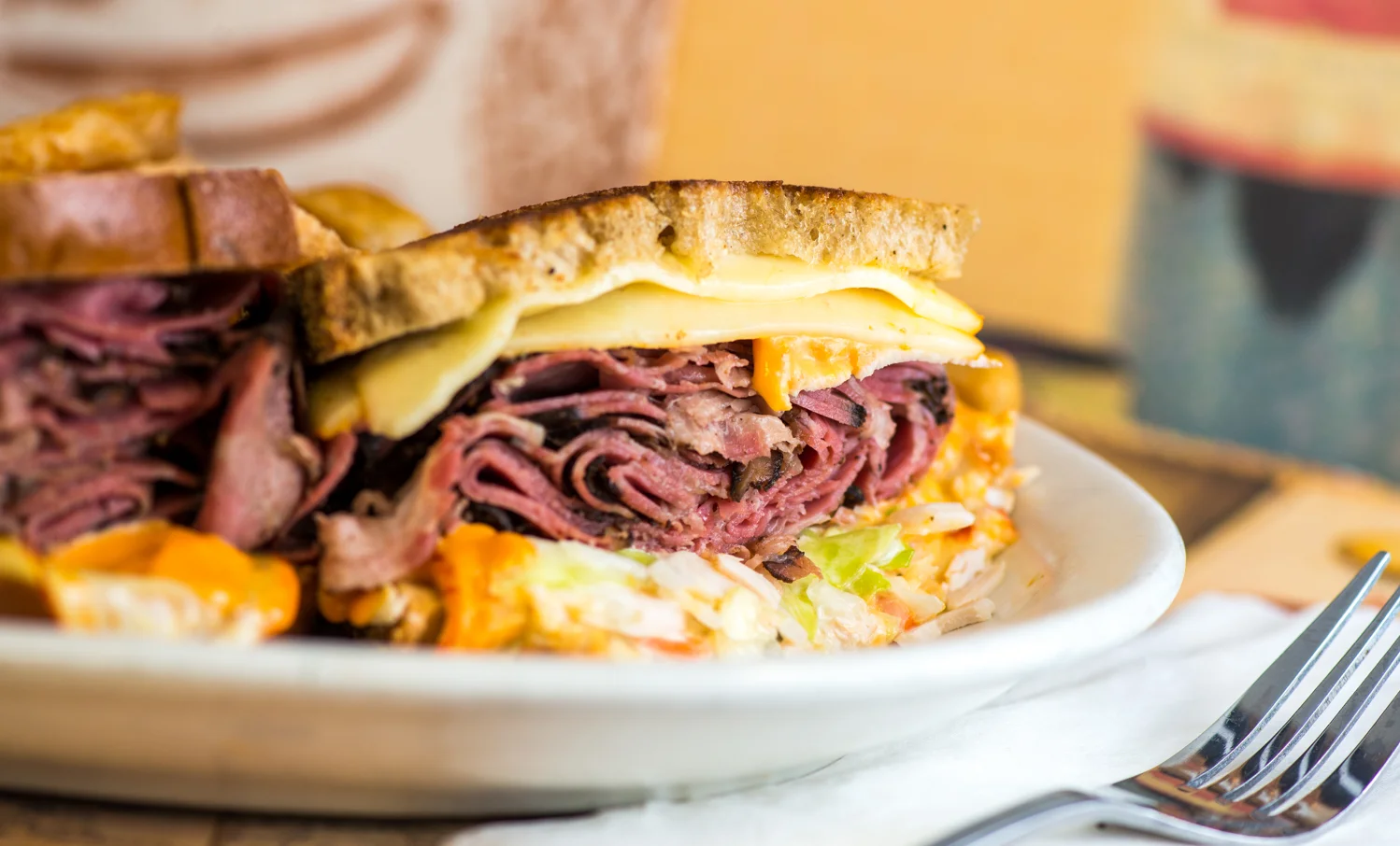 Classic pastrami sandwich on rye bread
