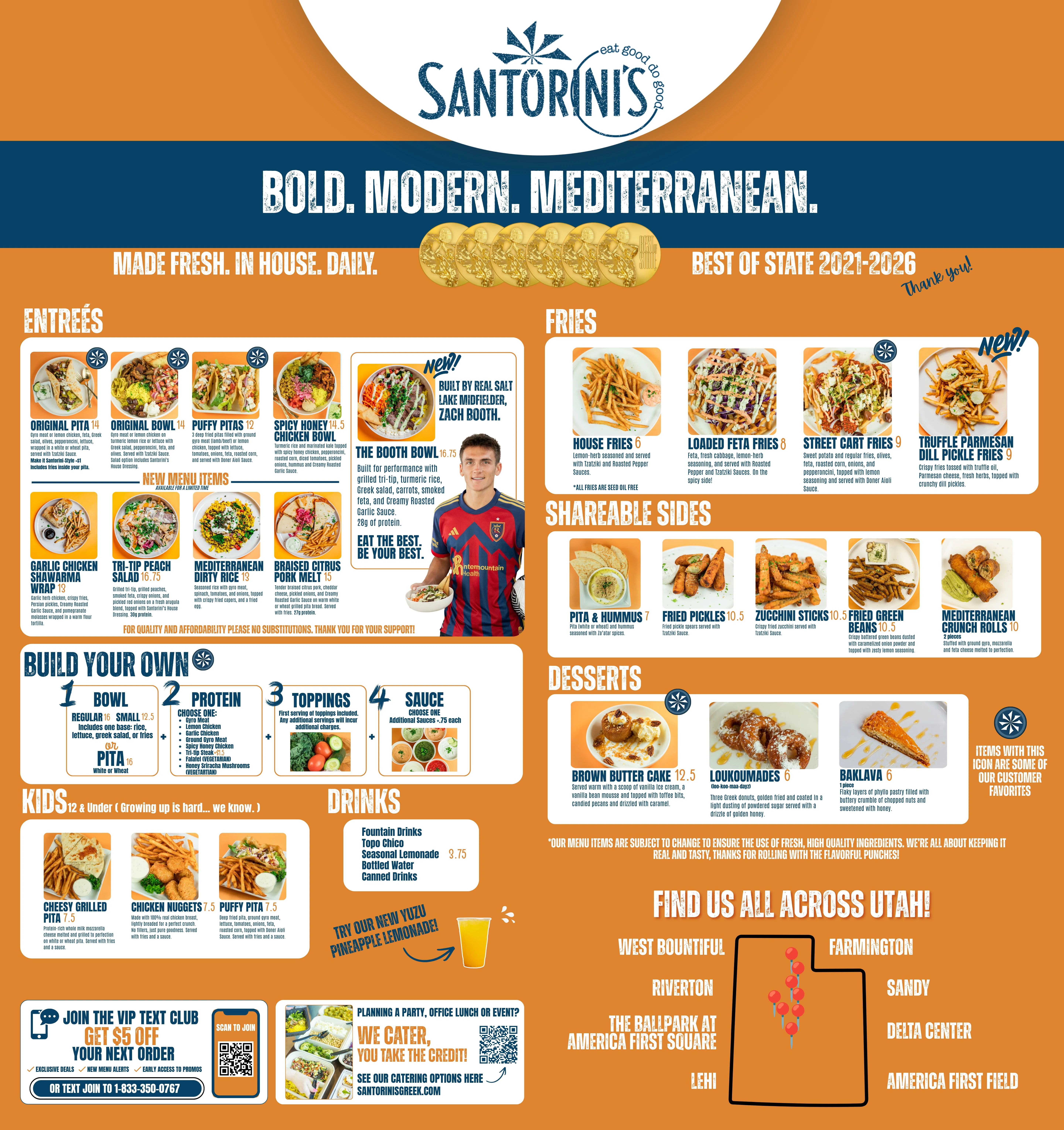 Colorful Mediterranean menu showcasing various dishes and dining options