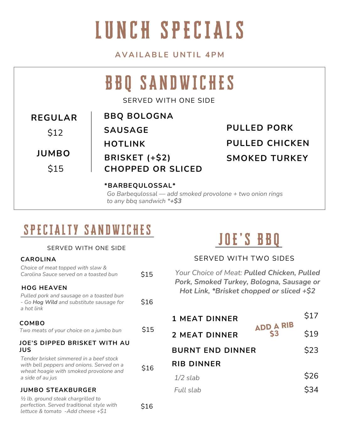 BBQ sandwich menu featuring various meats and sides