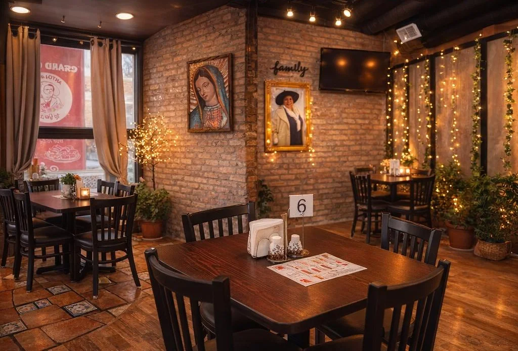 Cozy restaurant interior with warm lighting and rustic decor
