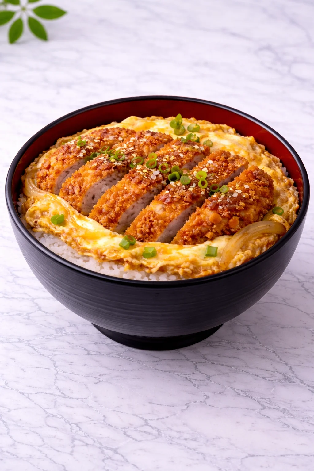 A bowl of katsu don featuring sliced breaded pork cutlet served over rice, topped with egg and green onions.