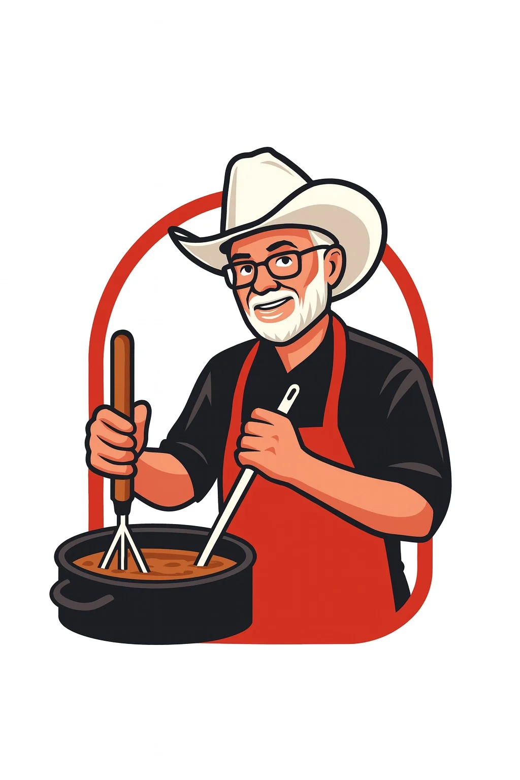 Chef stirring a pot of chili in a cowboy hat and apron
