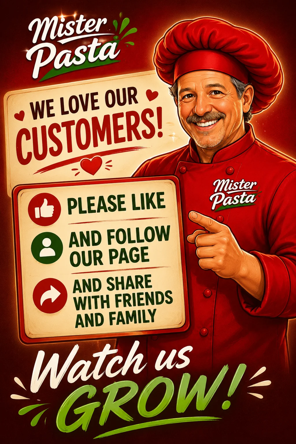Mister Pasta promotional image encouraging customer engagement.