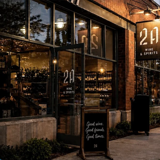 Exterior view of a modern wine and spirits shop at dusk