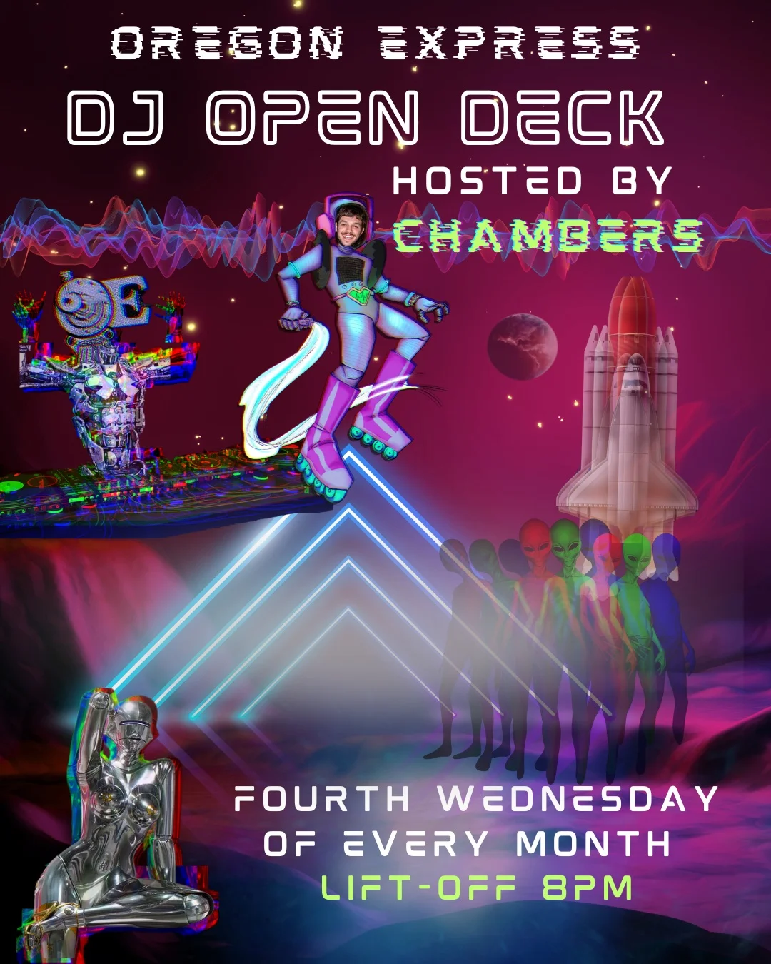 Promotional poster for DJ Open Deck event at Oregon Express