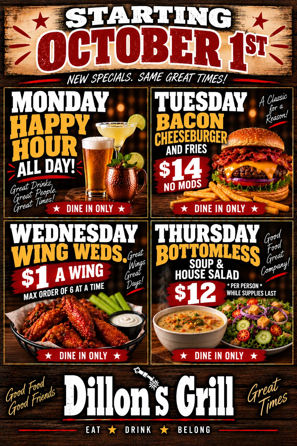 Restaurant weekly specials poster with cheeseburger, wings, soup, salad, and drinks