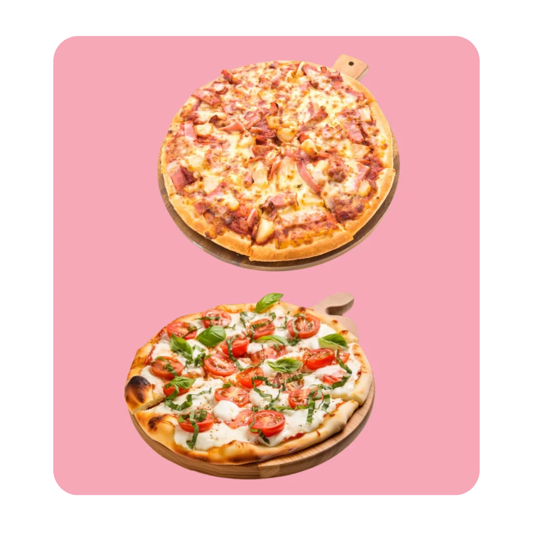 Two pizzas: a classic pepperoni and a fresh Margherita