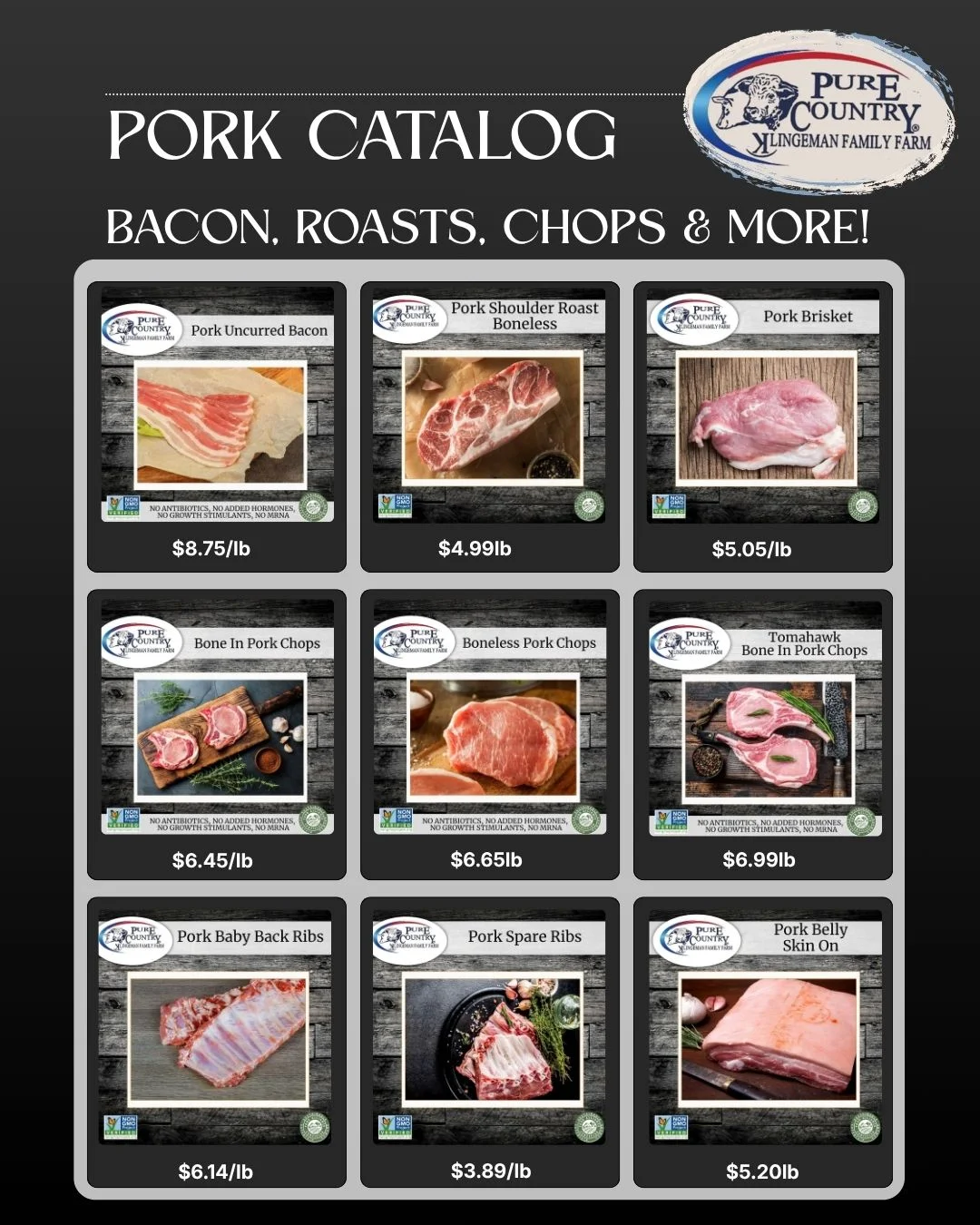 Pork catalog featuring bacon, roasts, chops, ribs, brisket, and pork belly