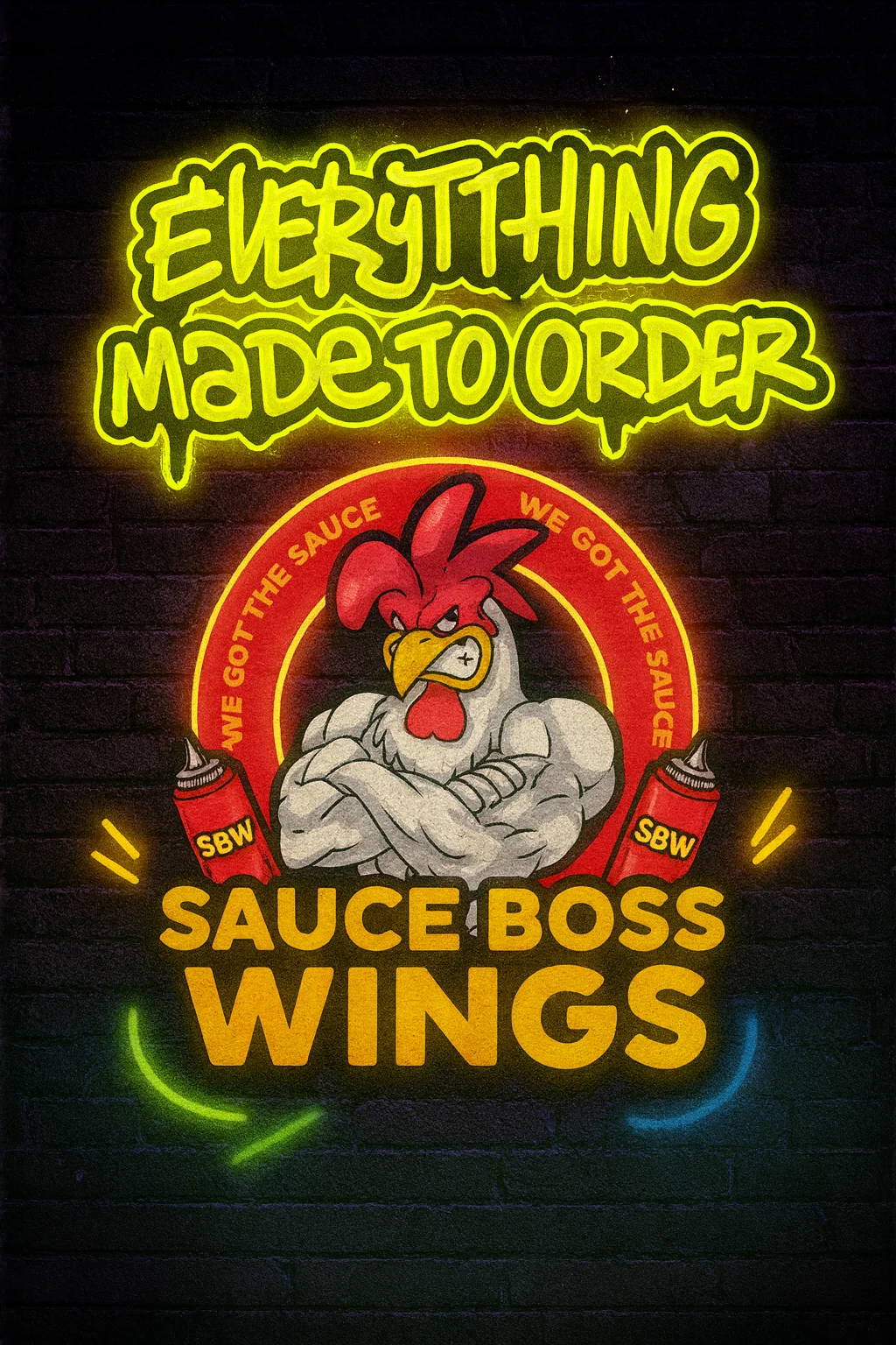 Sauce Boss Wings logo with vibrant neon design