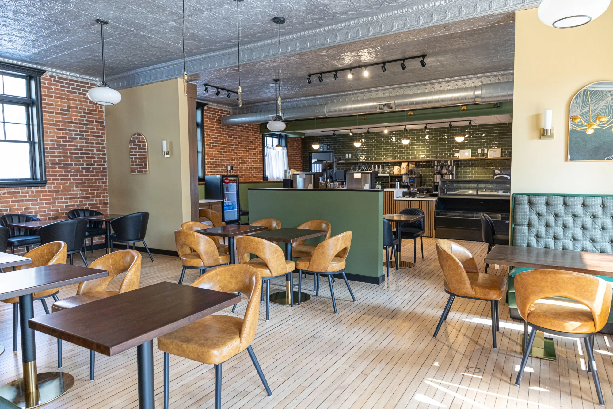 Cozy restaurant interior with modern decor and warm lighting