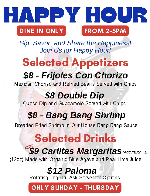 Restaurant happy hour promotional flyer with bold typography and appetizer specials
