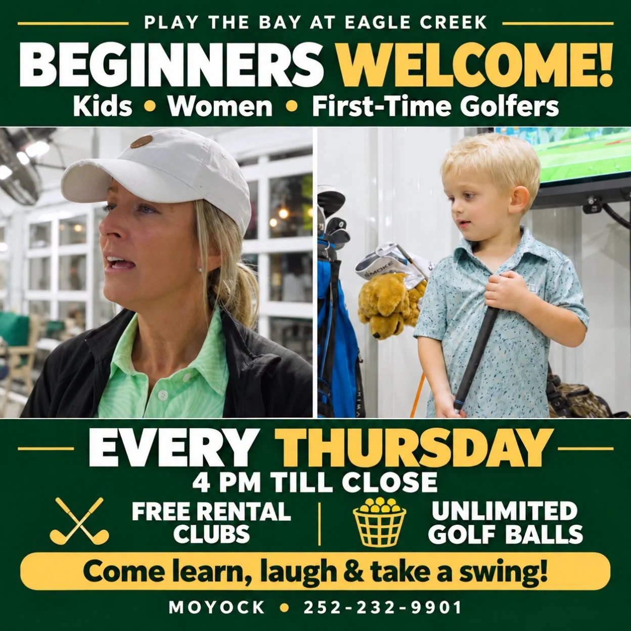 Golf event flyer featuring beginner golfers and weekly lessons