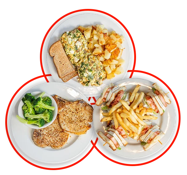 Breakfast catering platter with scrambled eggs, home fries, and toast, Grilled chicken breast with steamed broccoli prepared for catering,Triple-decker club sandwich served with crispy French fries.