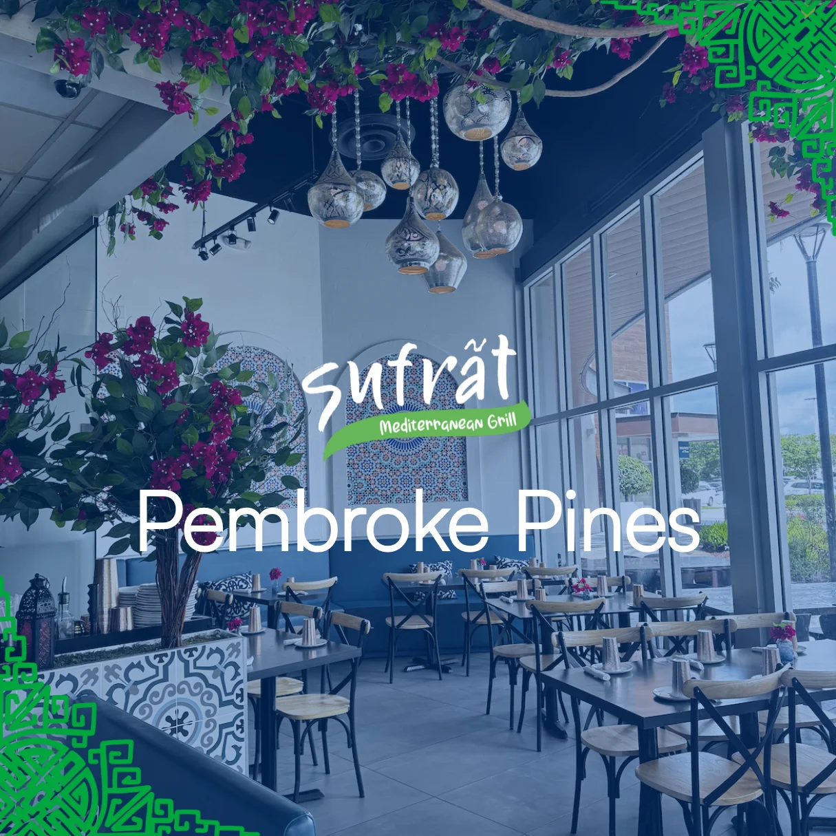 Modern Mediterranean restaurant interior with hanging lamps, tiled walls, and floral decor. Text overlay: "Sufrat Mediterranean Grill, Pembroke Pines."