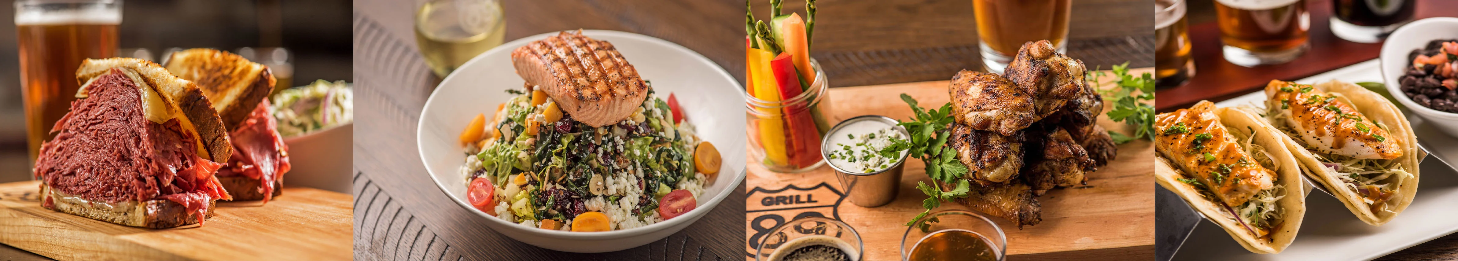 Assorted dishes including pastrami sandwich, salmon salad, and grilled chicken wings