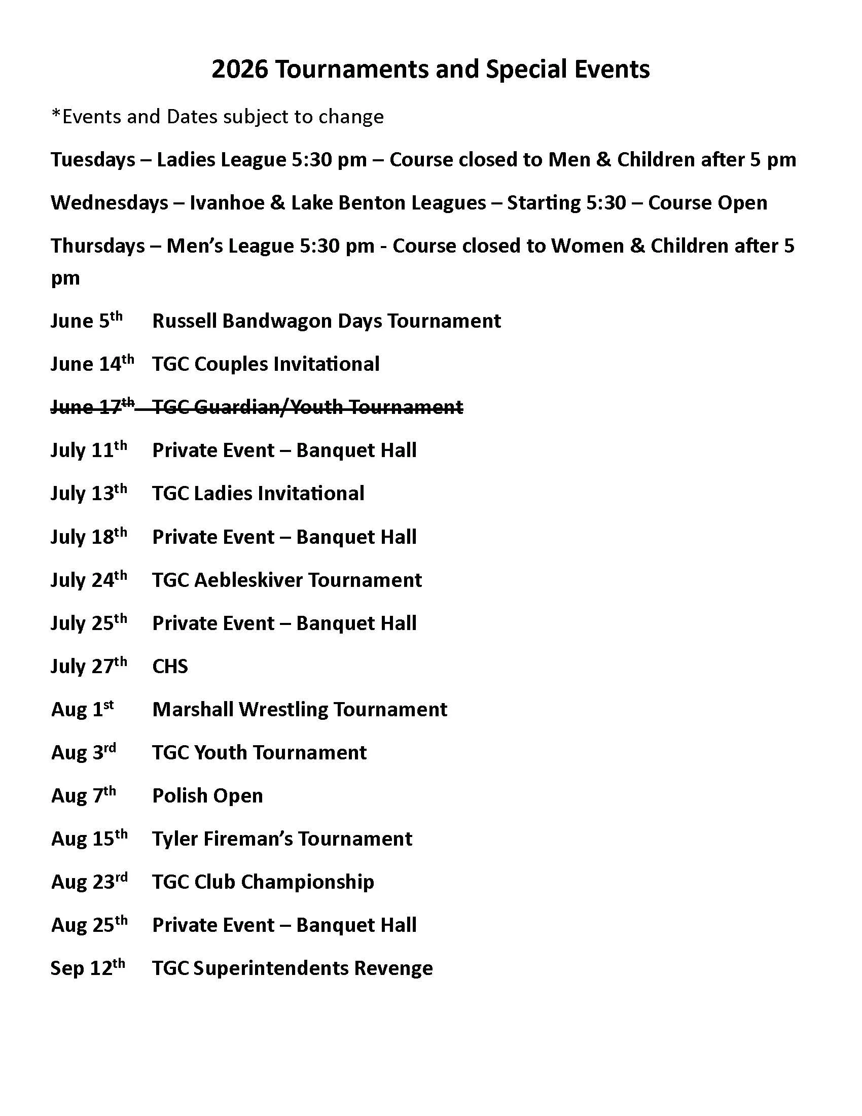2026 tournament schedule for golf events and special occasions