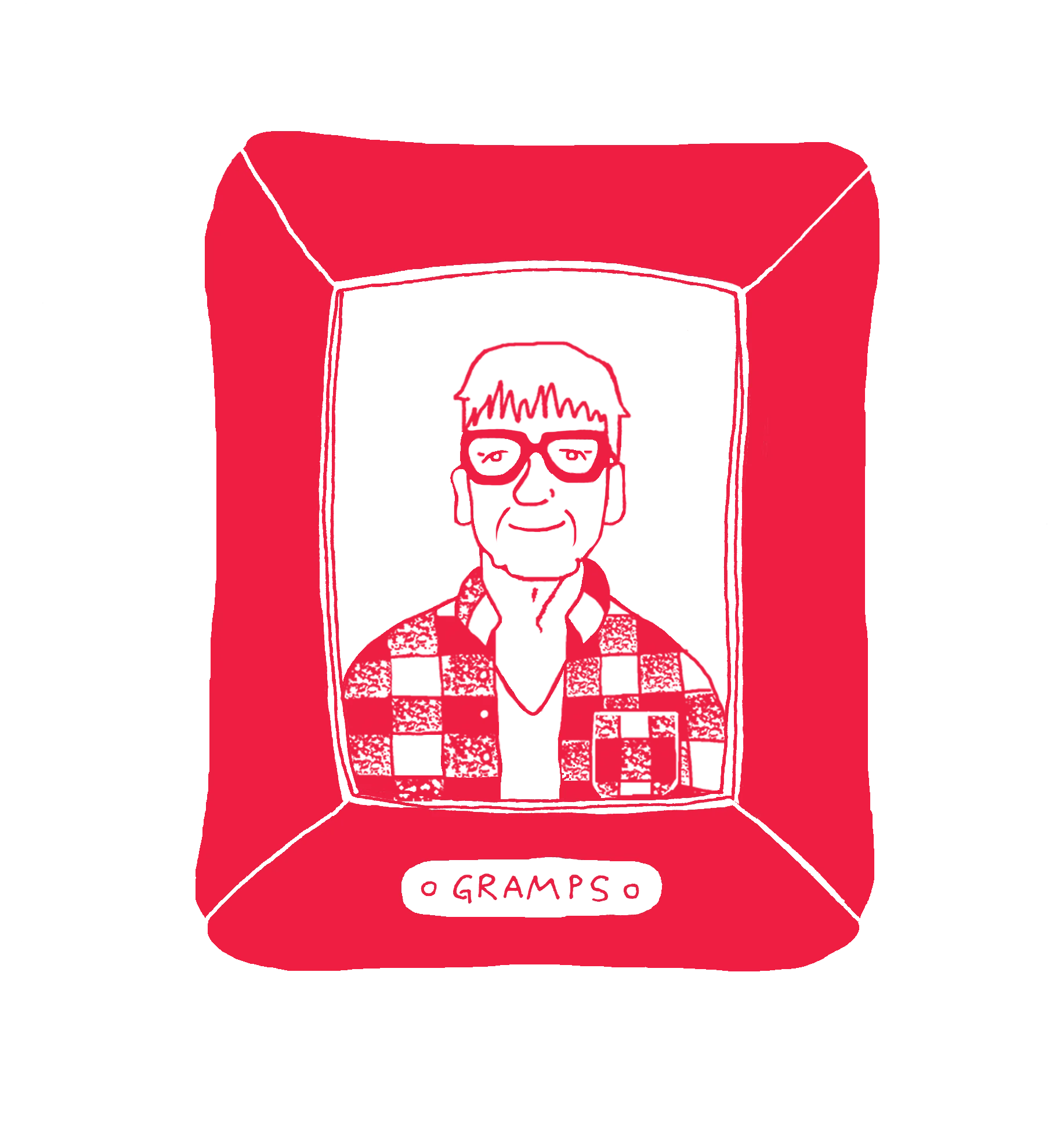 Illustration of a smiling older man in a red frame