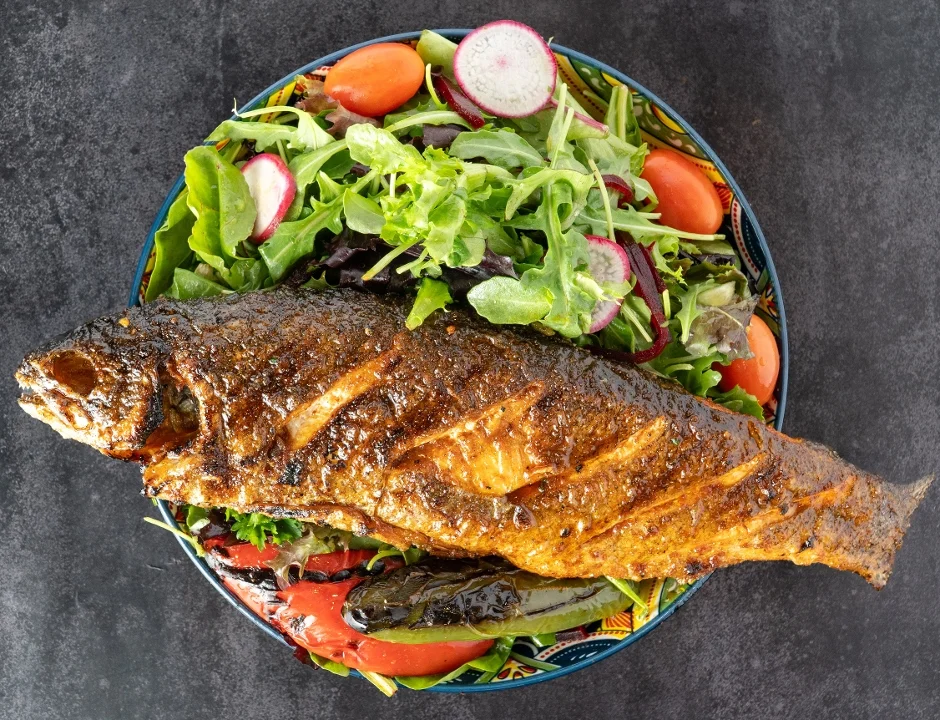 Whole Grilled Fish Garden Salad