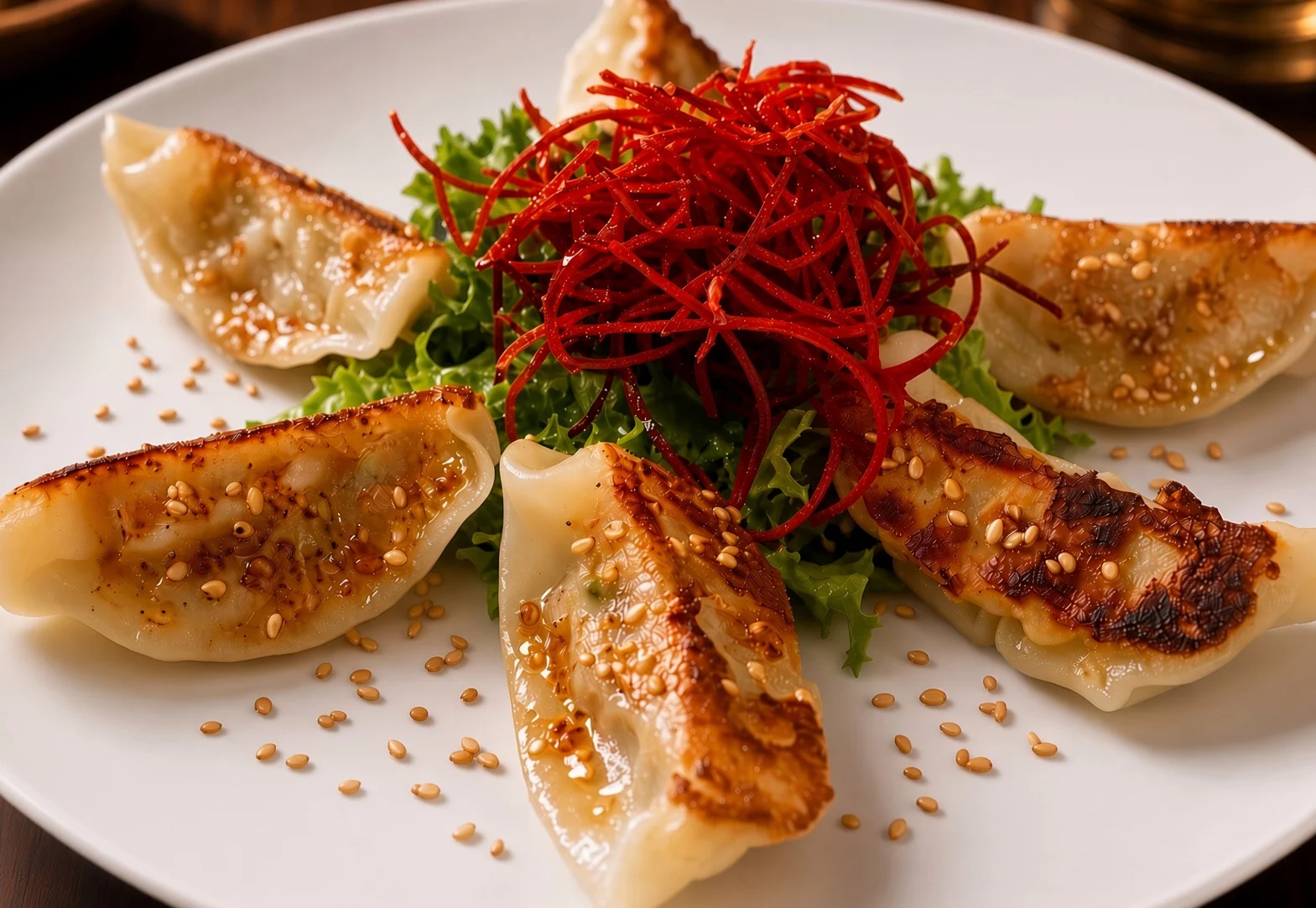 A beautifully presented plate of pork gyoza, featuring pan-seared, crispy dumplings garnished with sesame seeds and red threads on a bed of fresh lettuce.