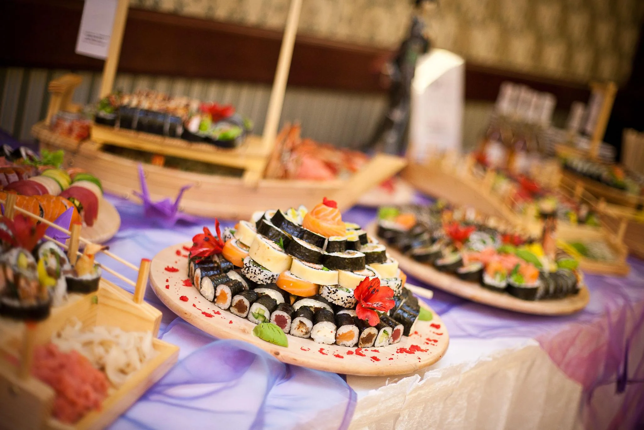 A beautifully arranged sushi platter with various types of sushi.