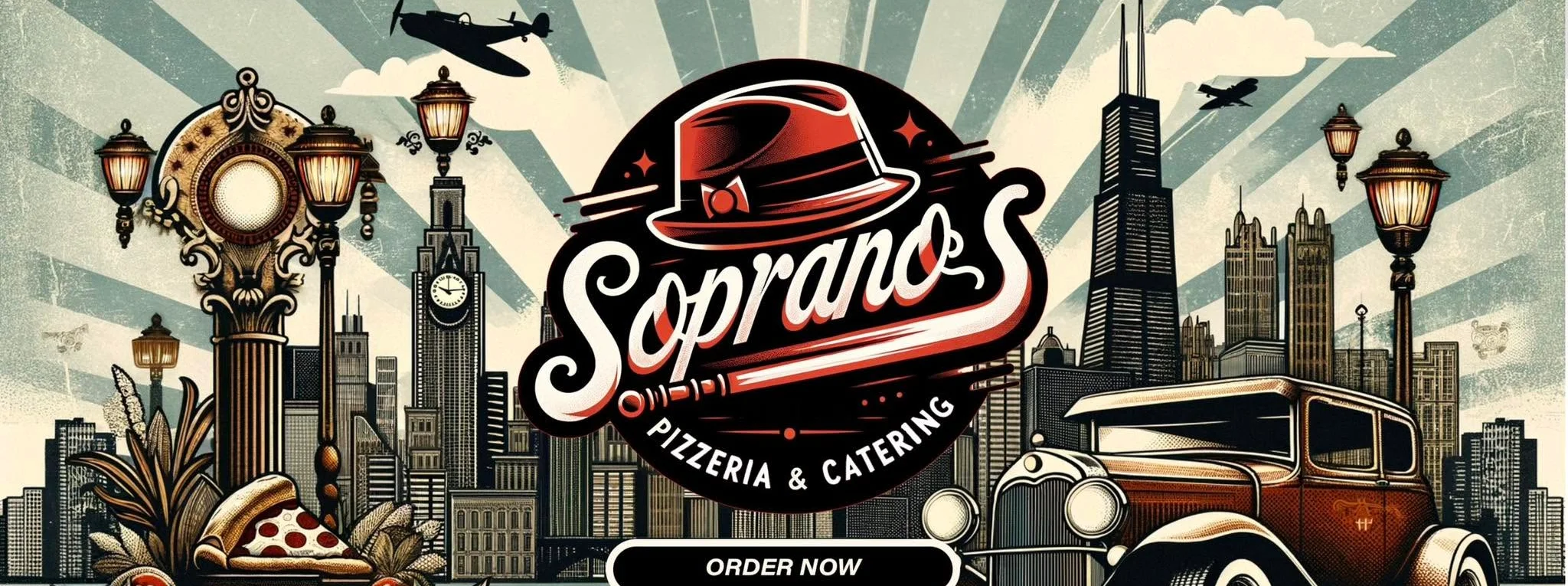 Vintage pizzeria logo with city skyline and classic car