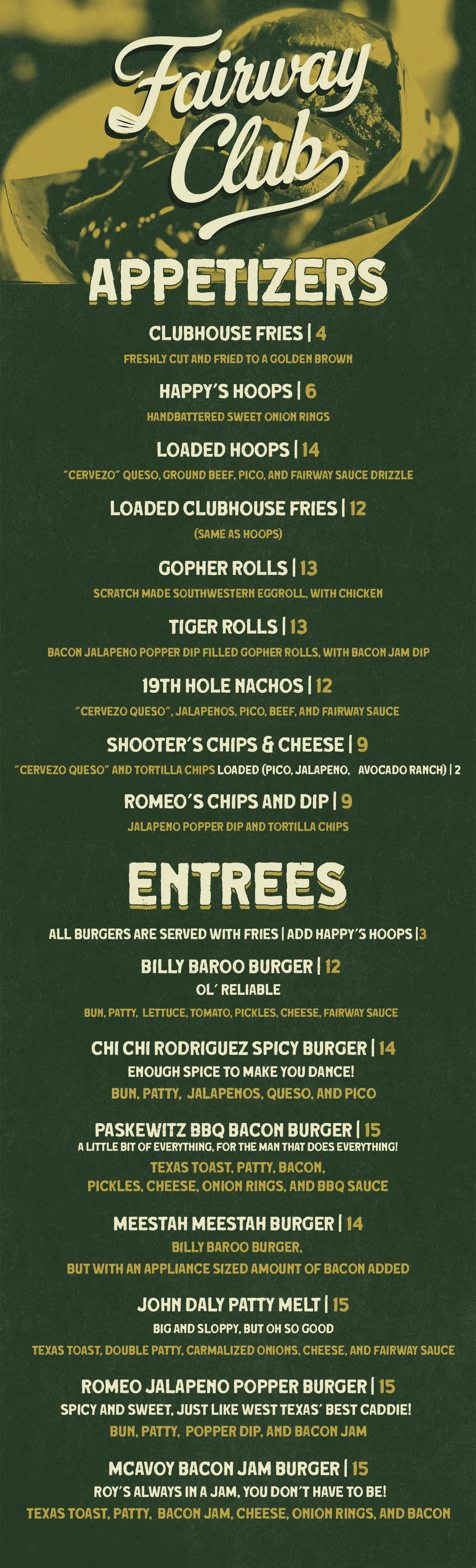 Menu featuring burgers and appetizers at Fairway Club.