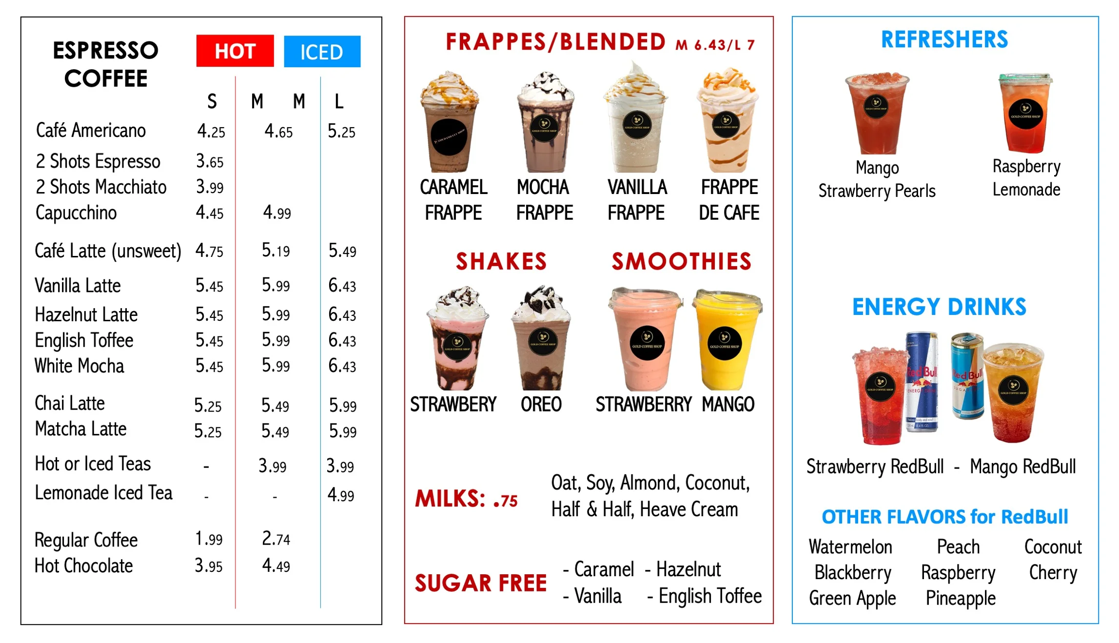 Menu featuring espresso coffee, frappes, shakes, smoothies, refreshers, and energy drinks.