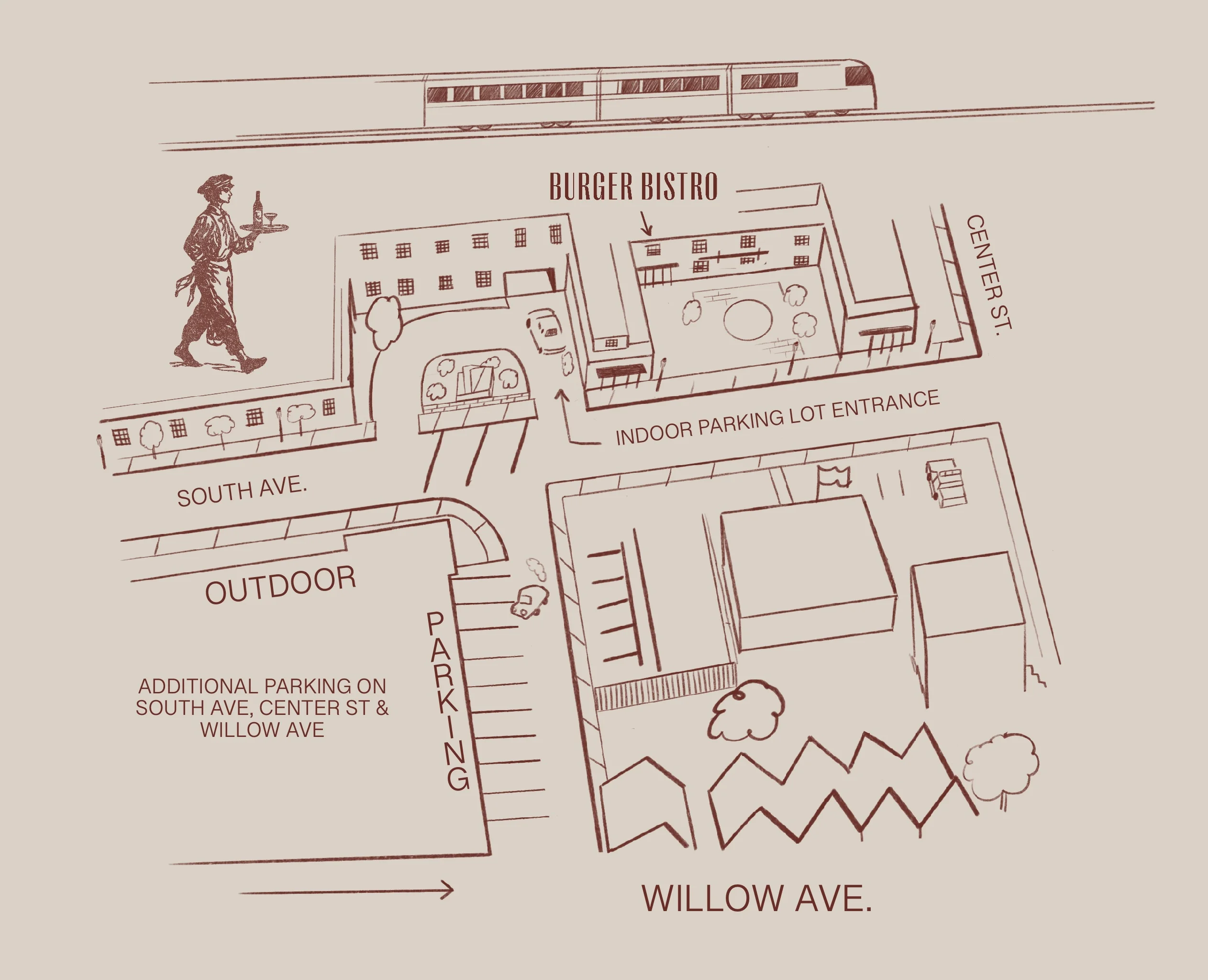 Map layout of Burger Bistro with parking details and outdoor seating