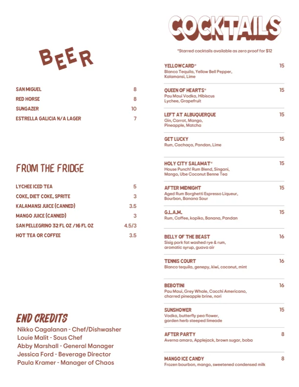 Cocktail menu featuring diverse drinks and beer selections
