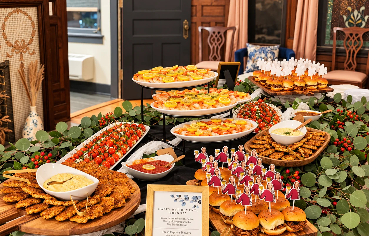 Styled Brunch House catering spread for a retirement celebration