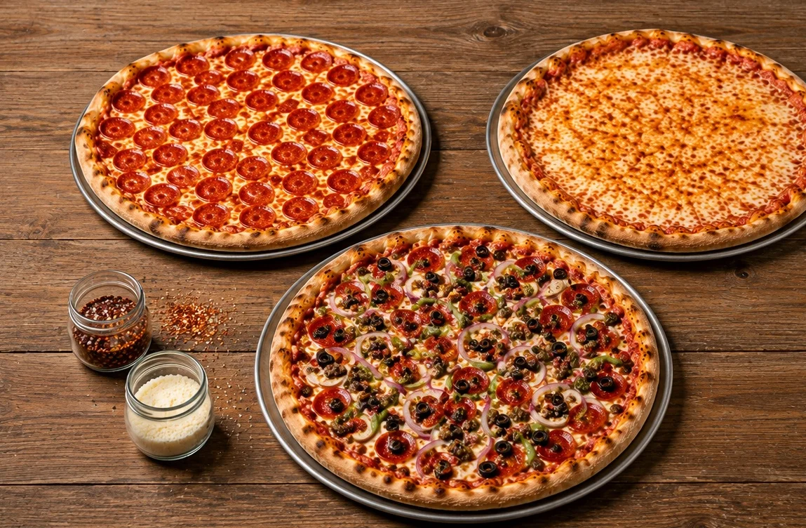 Three delicious pizzas: pepperoni, cheese, and supreme on a wooden table