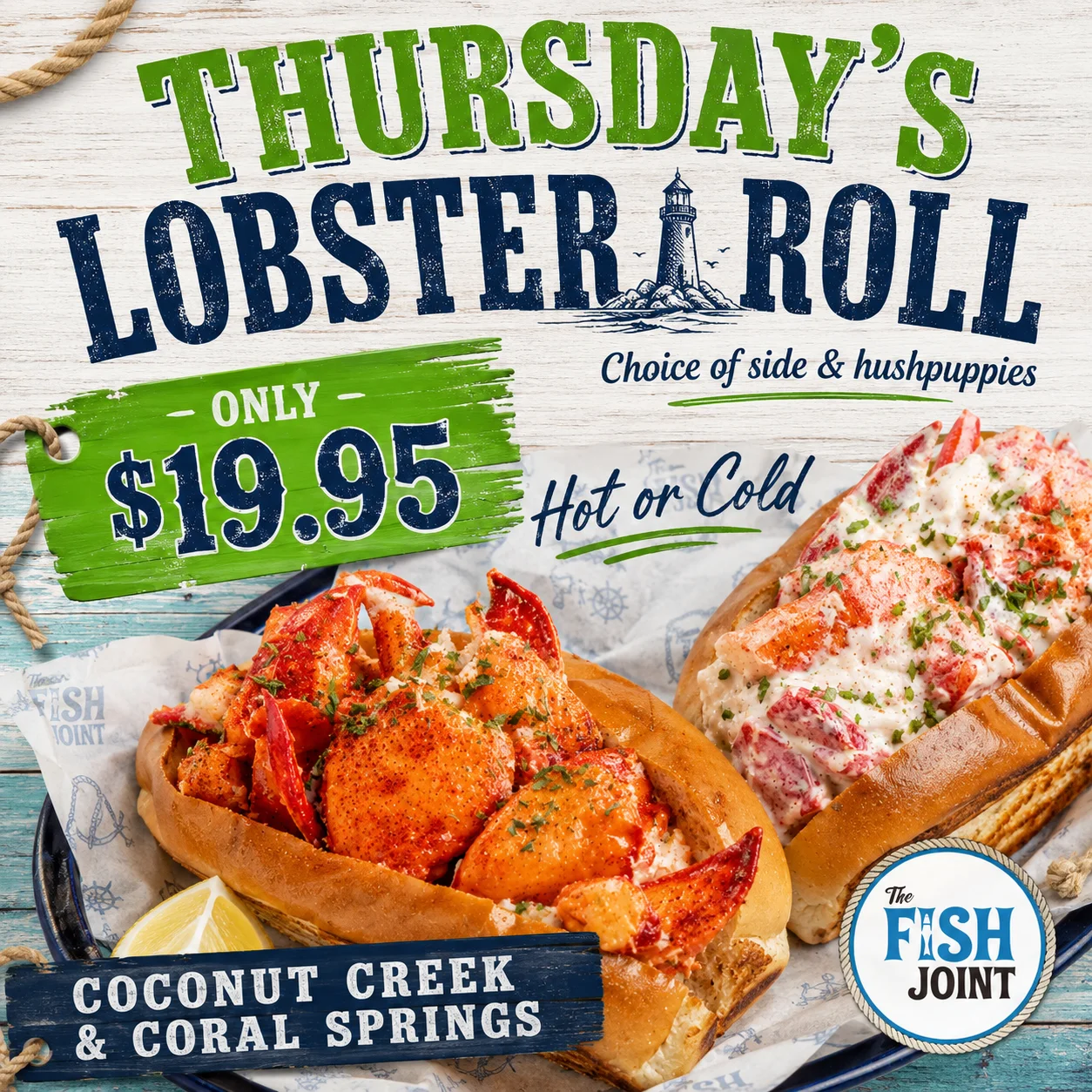Delicious lobster roll served with hush puppies