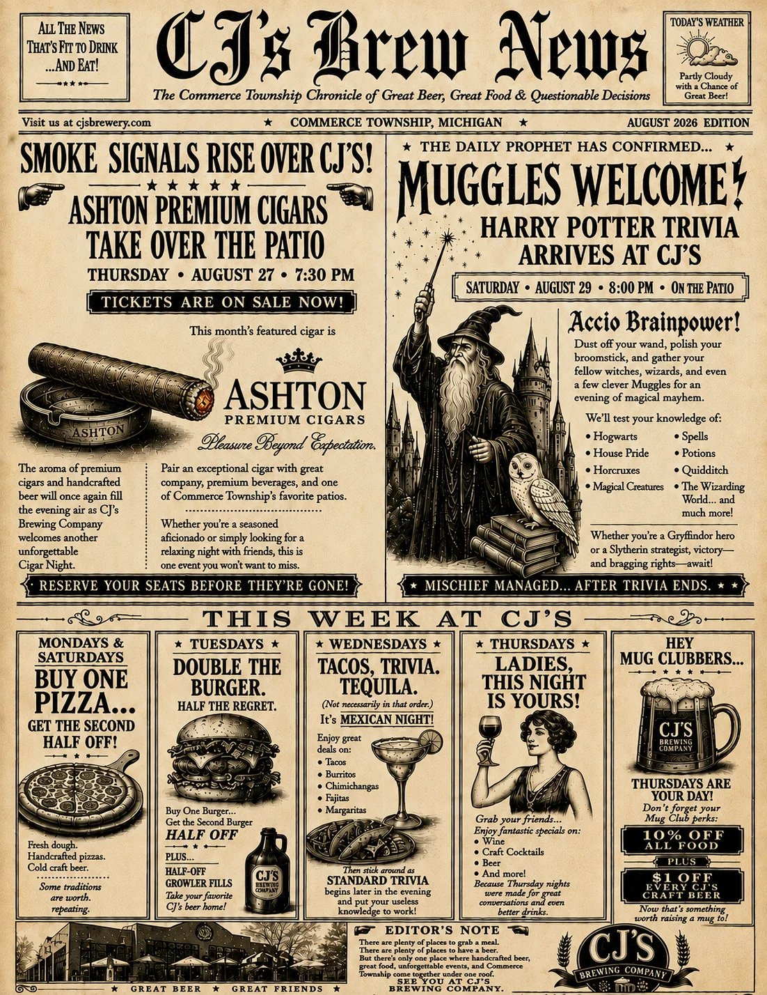 Colorful restaurant newsletter featuring menu highlights and promotions.