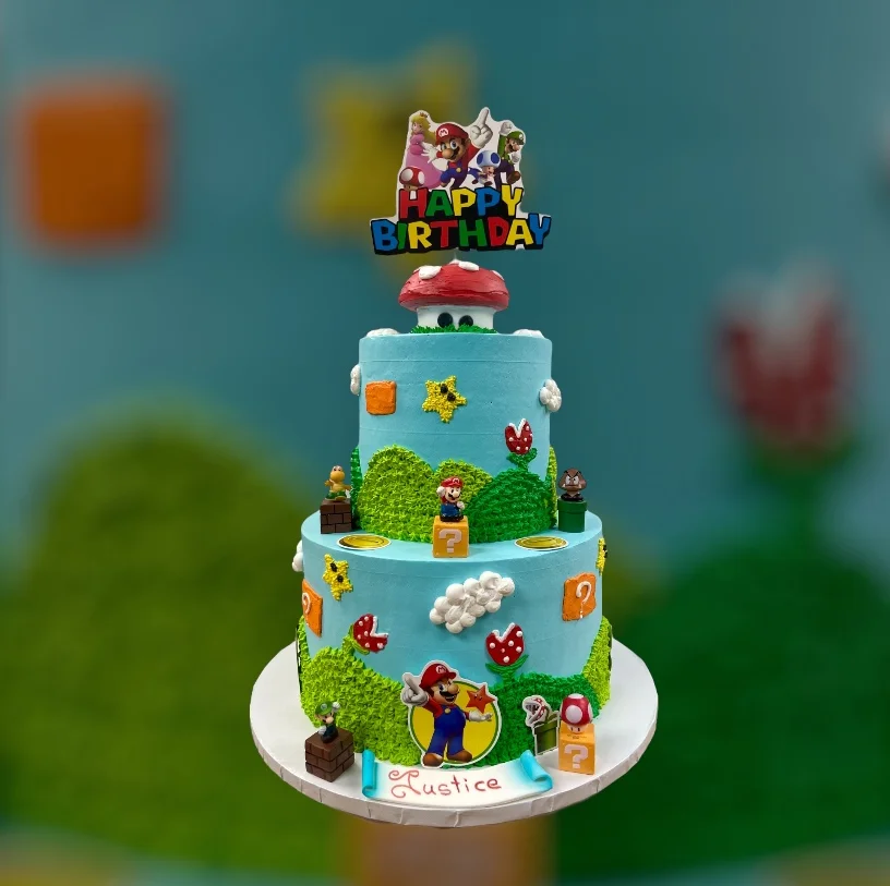 Colorful birthday cake themed with video game characters