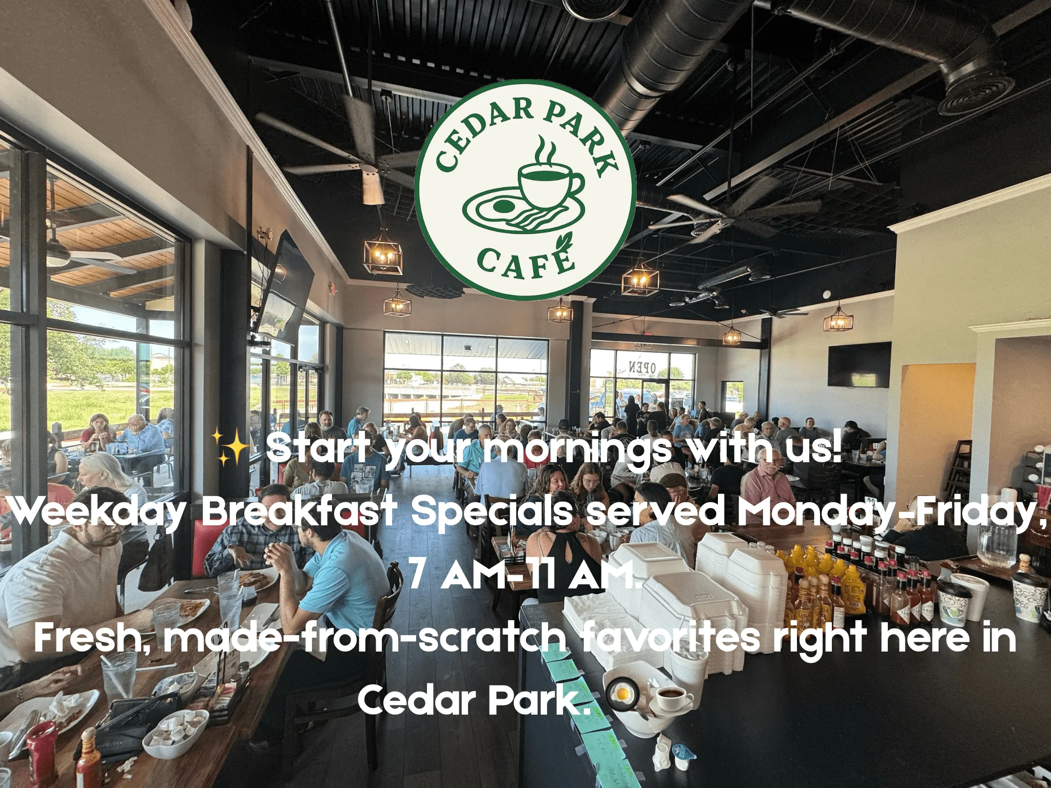 Cozy restaurant interior with diners enjoying breakfast
