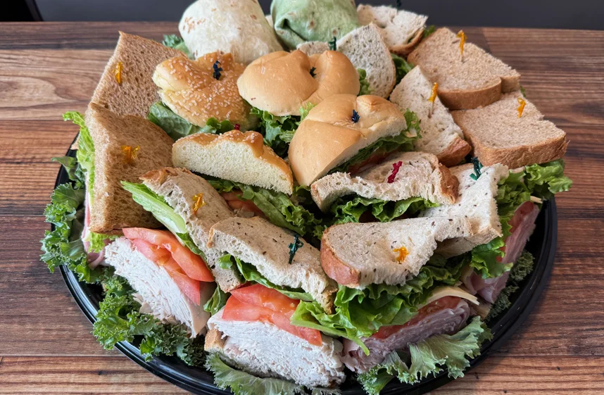 Catering platter with assorted deli sandwich wedges