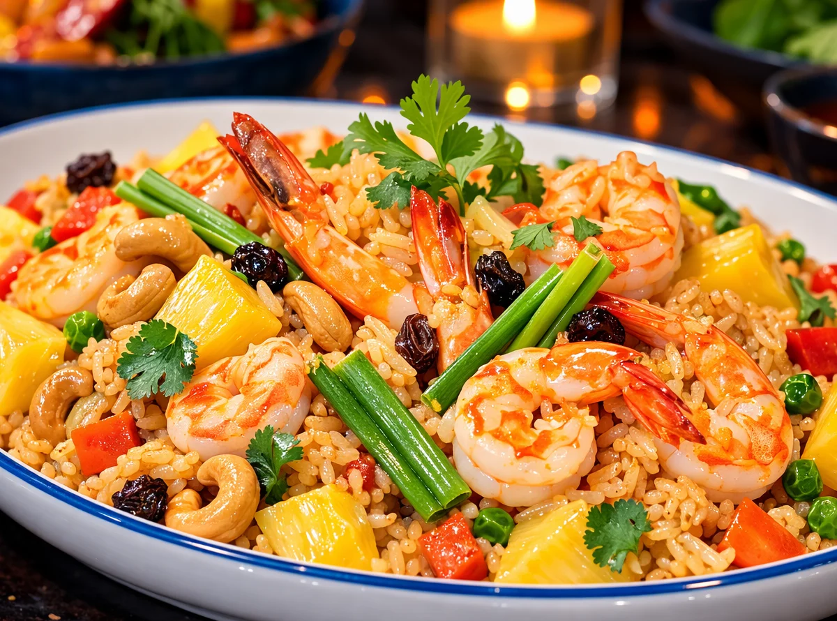 Shrimp fried rice with tropical flavors