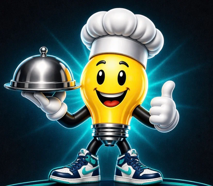 Cheerful cartoon chef holding a cloche and giving a thumbs up
