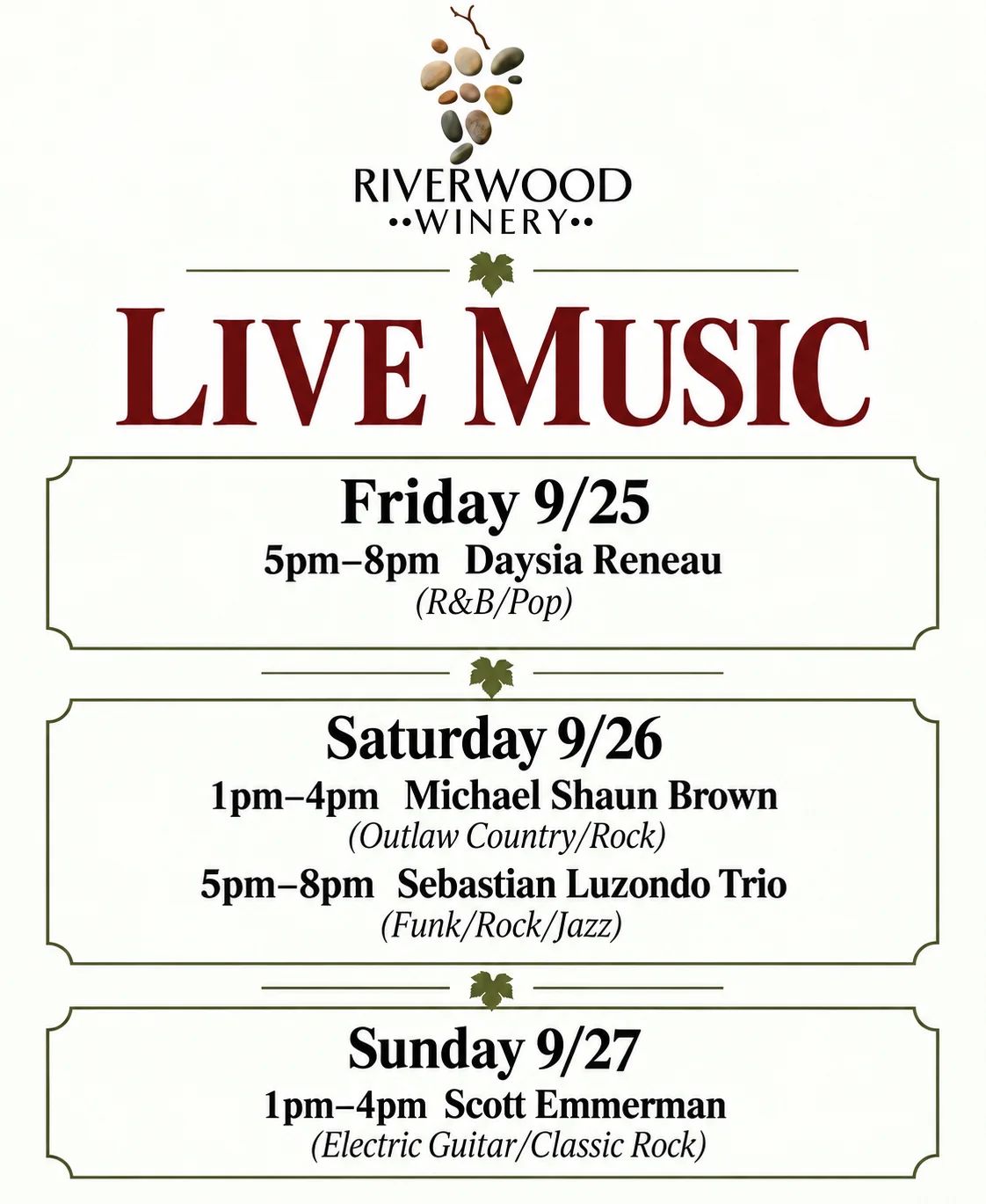 Live music event schedule at Riverwood Winery with festive decorations