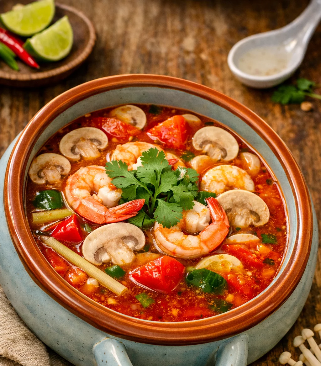 Spicy Thai tom yum soup with shrimp and herbs