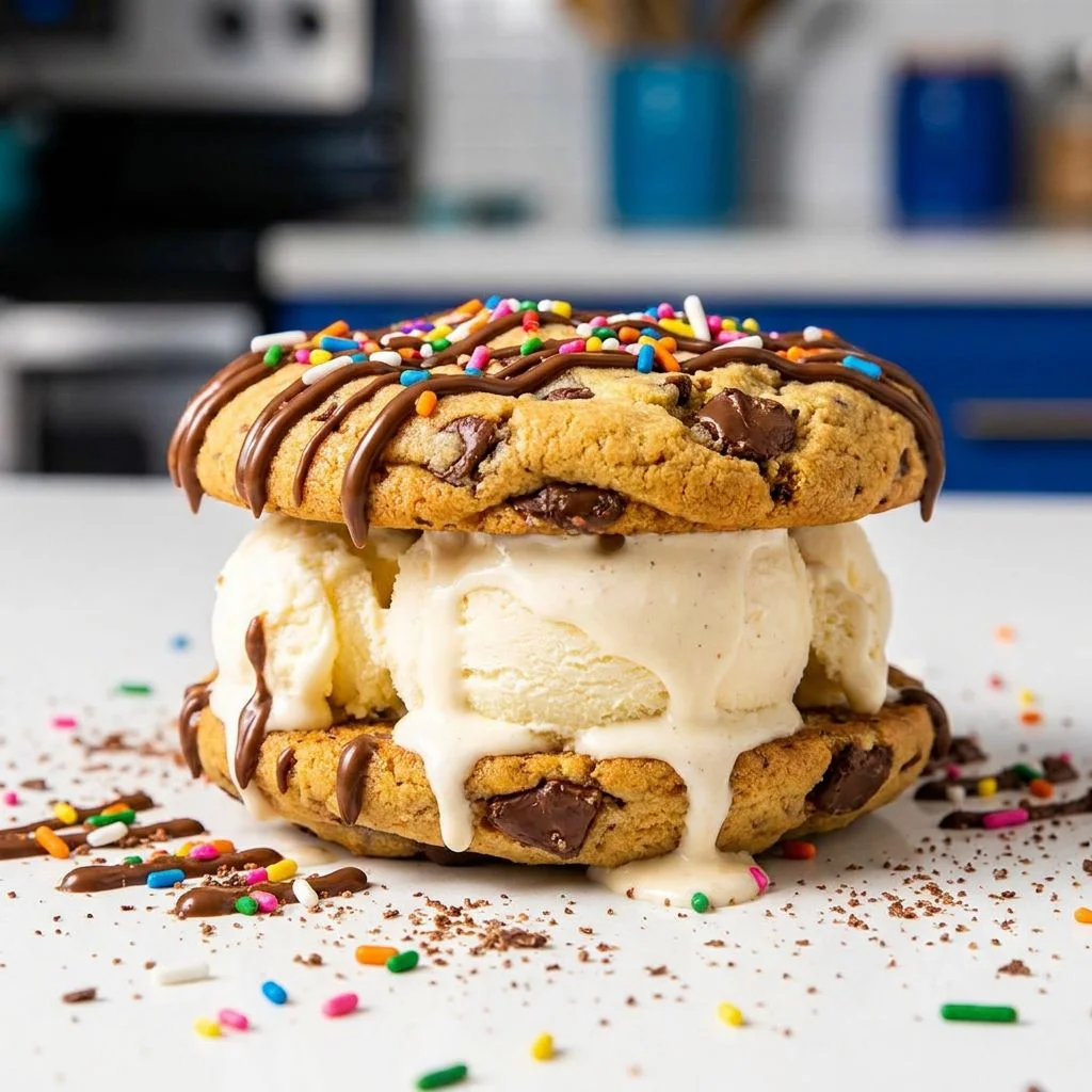 A delicious ice cream sandwich made with two chocolate chip cookies, filled with vanilla ice cream, topped with chocolate drizzle and colorful sprinkles.