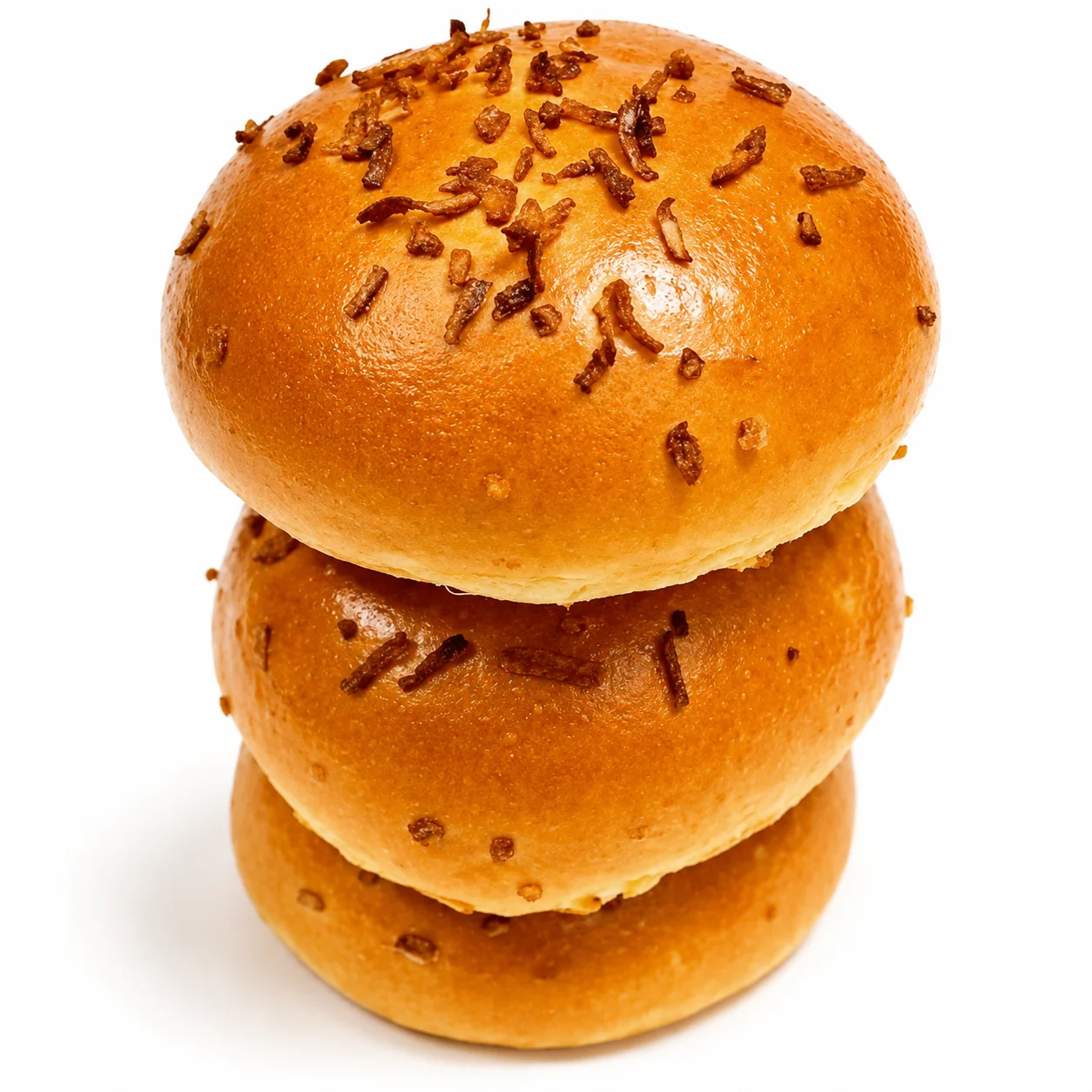 Three stacked golden buns topped with chocolate sprinkles.